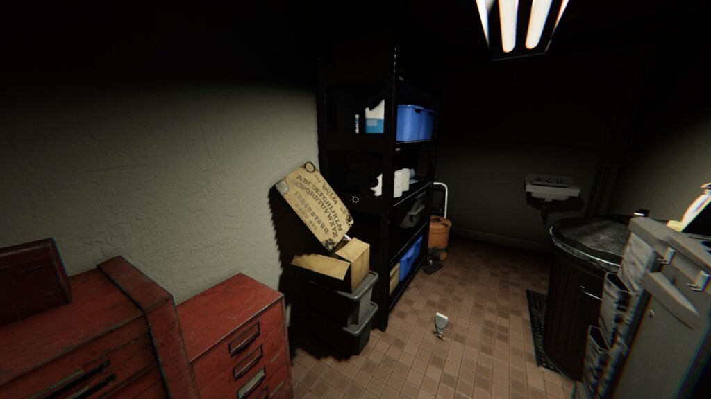 A ouija board lays against the wall in a storage room in Phasmophobia's Nell's Diner map.
