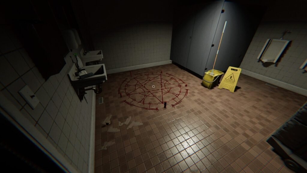 A summoning circle is drawn on the ground of the men's bathroom in Phasmophobia's Nell's Diner map.