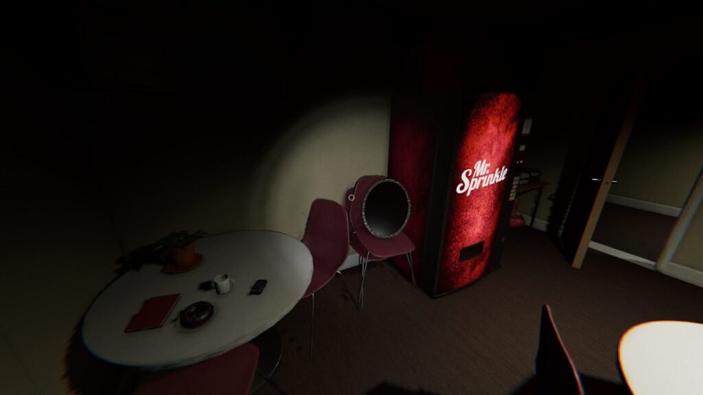 A mirror sits on a red chair next to a soda vending machine in a break room in Phasmophobia's Nell's Diner map.