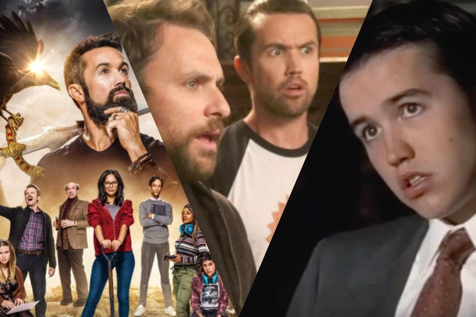 Three-image collage of Rob Mac on the main art for Mythic Quest, with Charlie Day in It's Always Sunny in Philadelphia, and his first appearance on Law & Order.