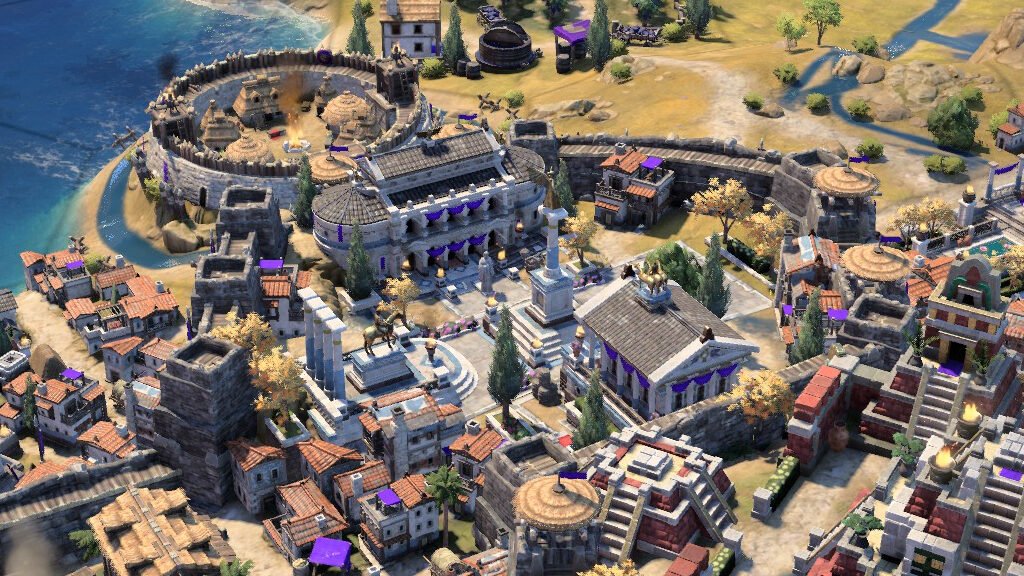 A Forum guarded by a Hillfort just outside the city walls in Civilization 7.