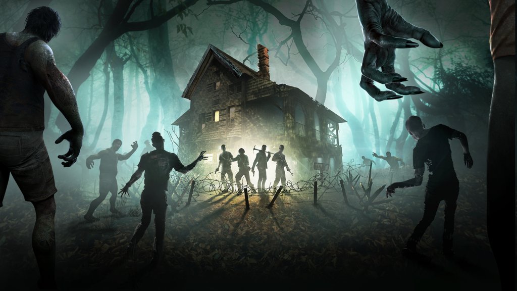 Four survivors stand outside a house as a horde of zombies closes in on the cover art for 7 Days To Die.