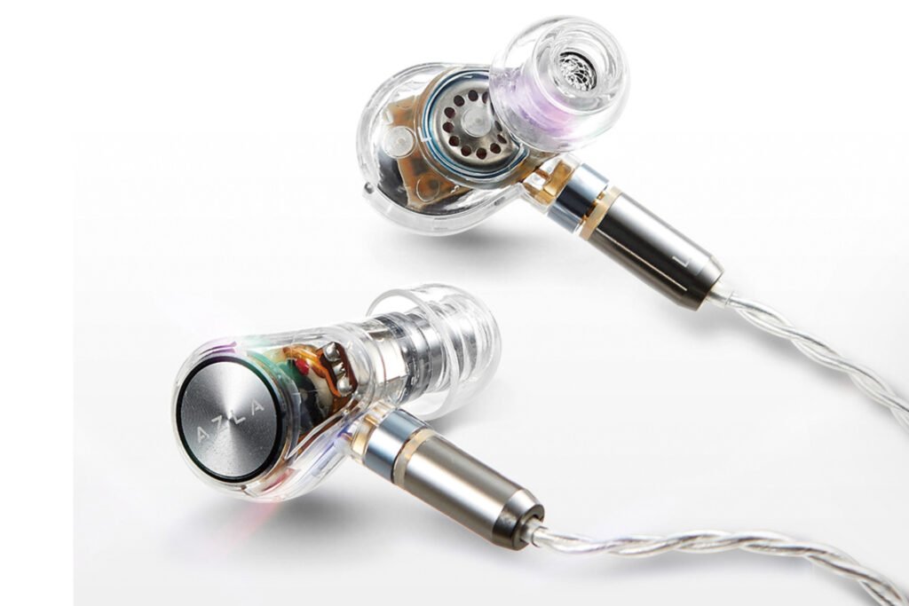 A close up view of the AZLA ARES clear gaming earbuds