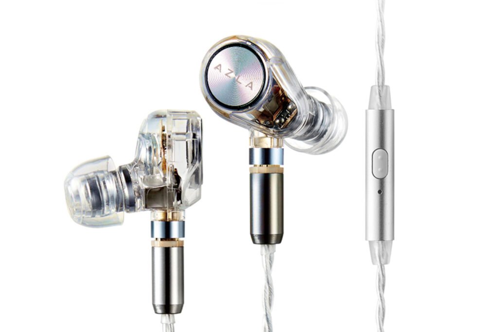 A front and profile view of the AZLA ARES clear gaming earbuds