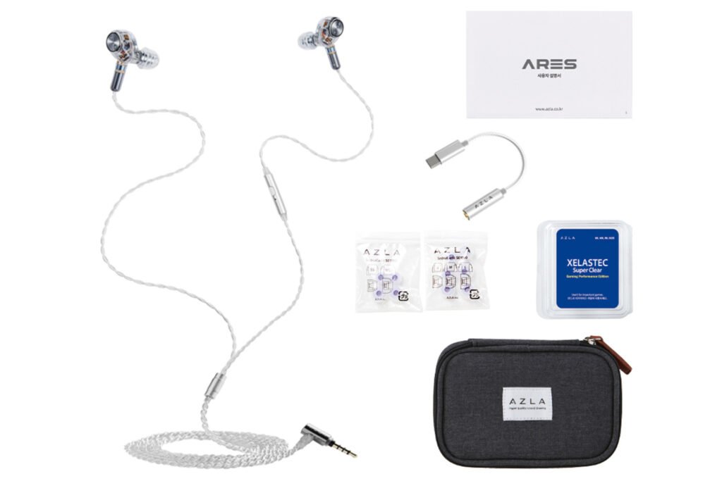AZLA ARES clear gaming earbuds promo image showing the earbuds, adapter, replacement buds, cloth, and carrying case