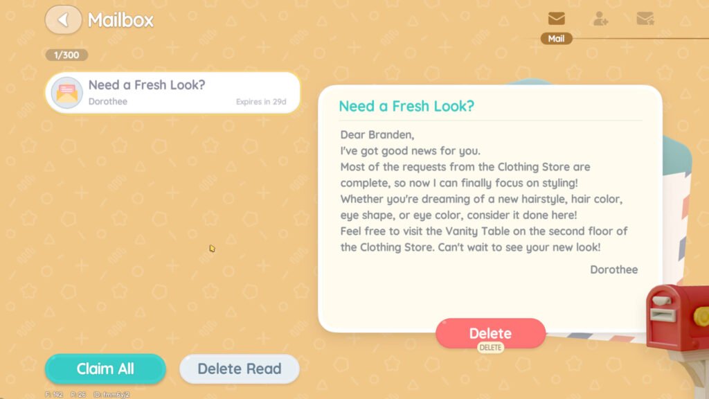 Dorothees letter about styling in Heartopia, explaining that thanks to your help, she can now offer styling, and to visit the vanity upstairs.