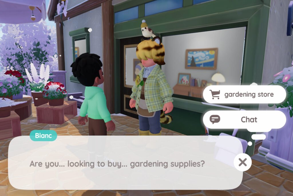 Heartopia talking to blanc outside the garden store