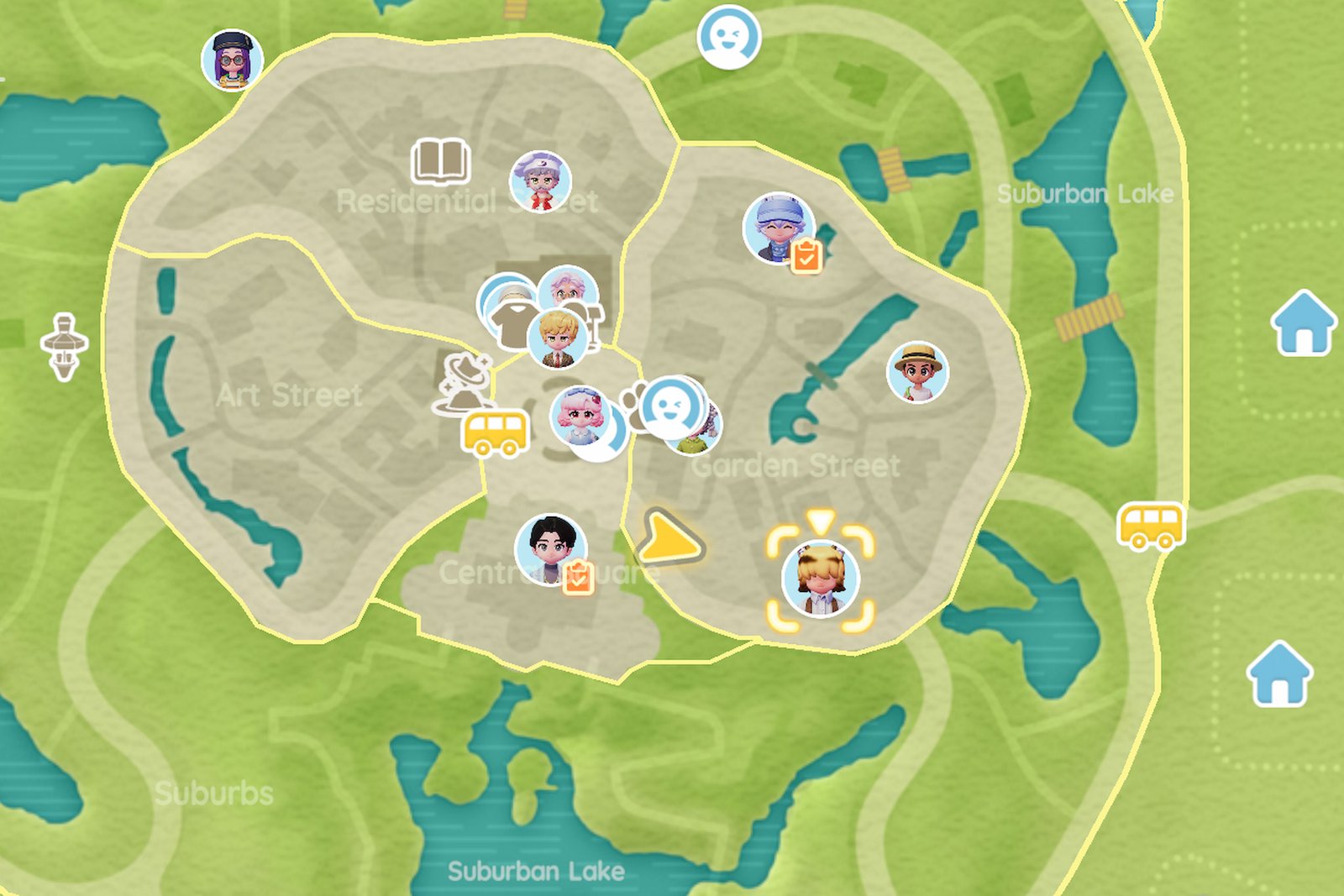 Heartopia map with the garden store towns person Blanc tracked