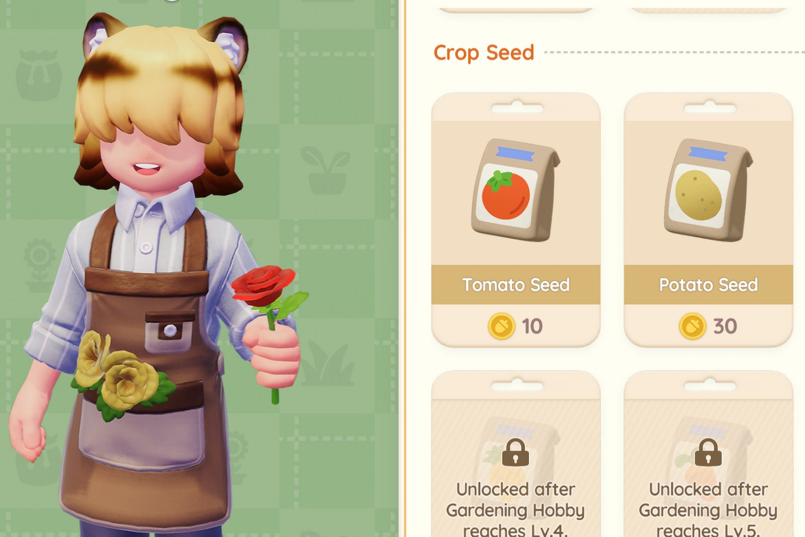 Heartopia gardening store interface with Blanc next to the seeds for sale