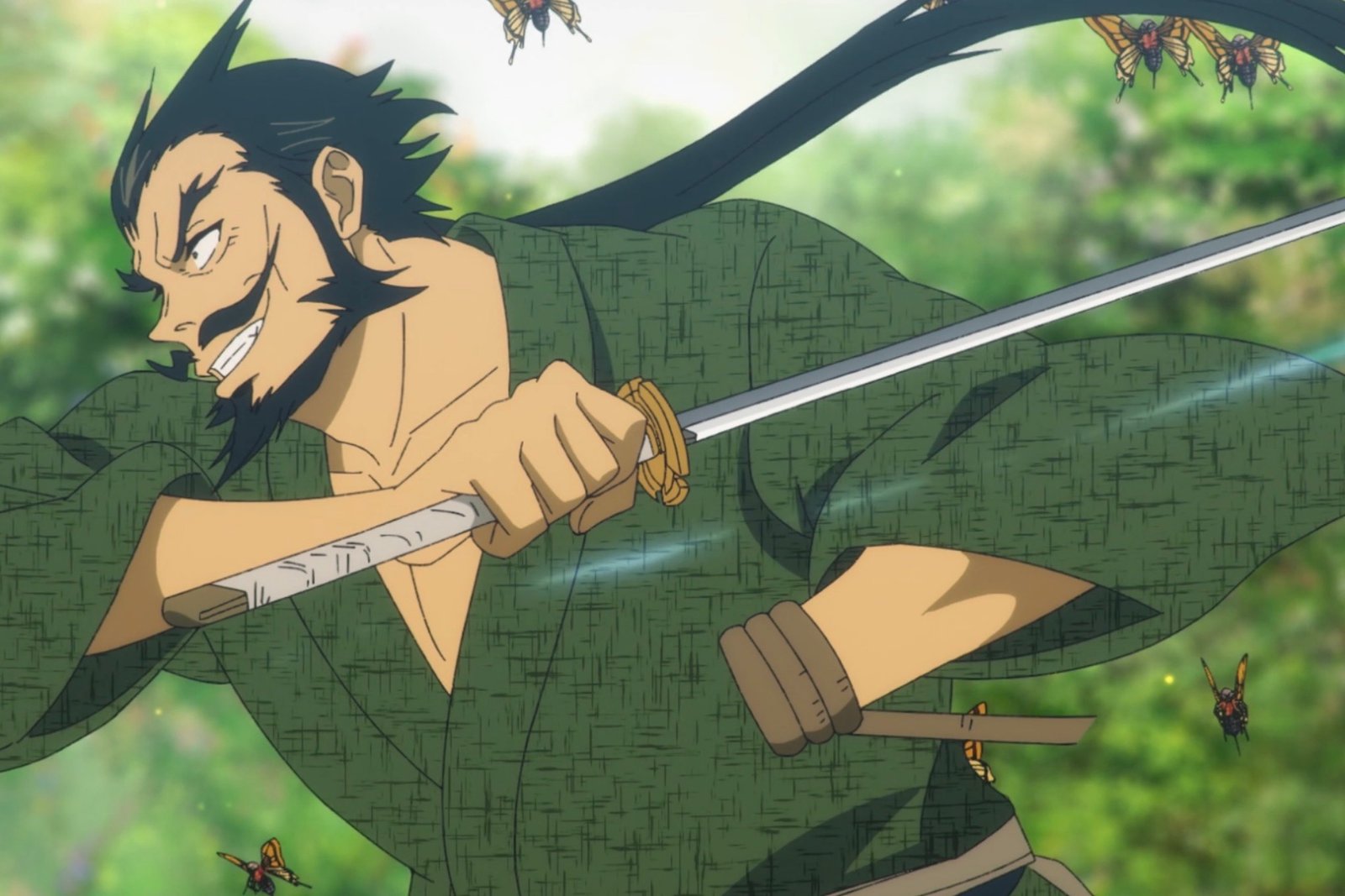 Despite losing his hand, the wild swordsman Gantetsusai Tamiya fights on in Hell's Paradise