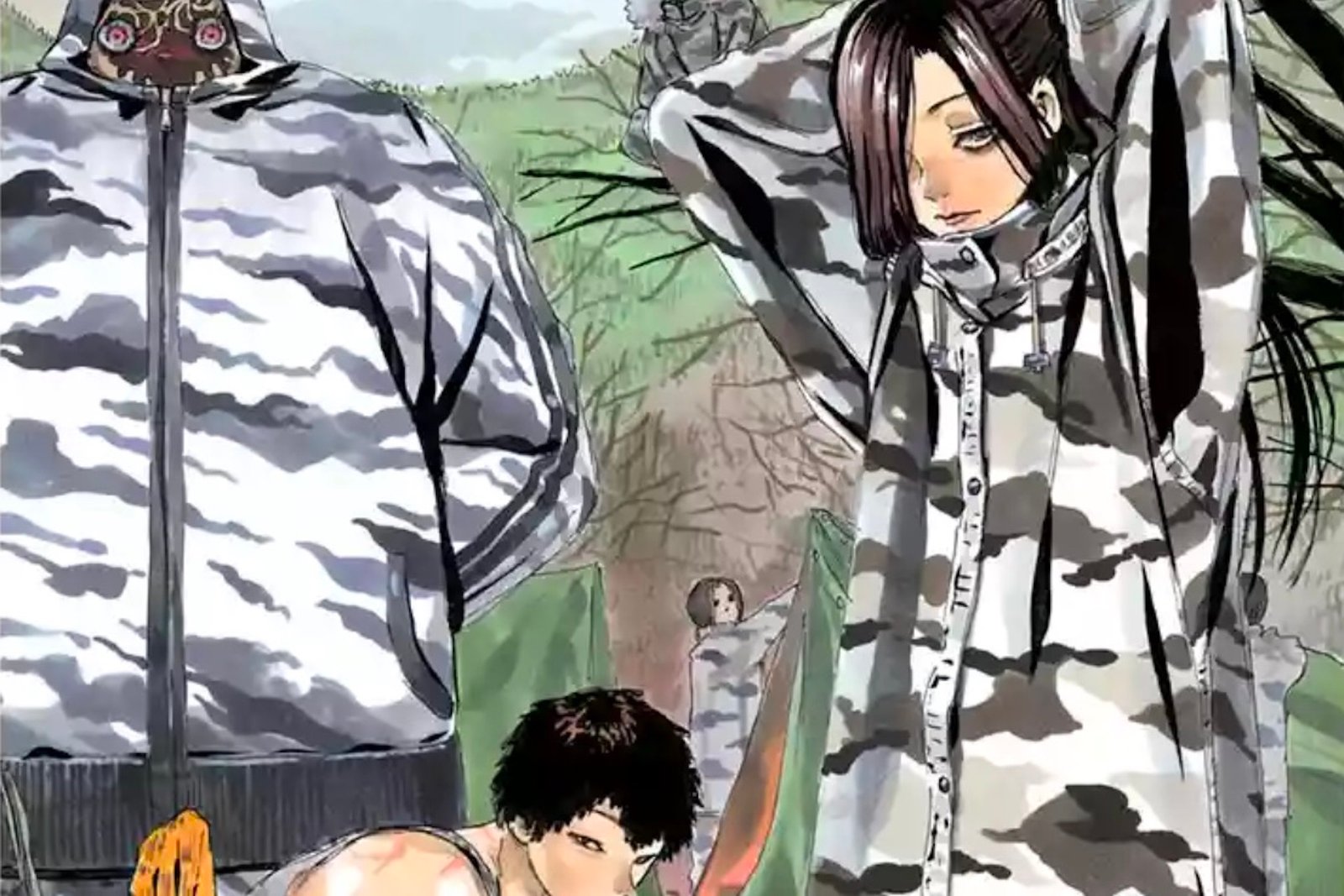 Special artwork of the Iwagakure shinobi from Hell's Paradise (with only the faces of Kumokiri & Shija not hidden by masks), published between chapters 113 and 114