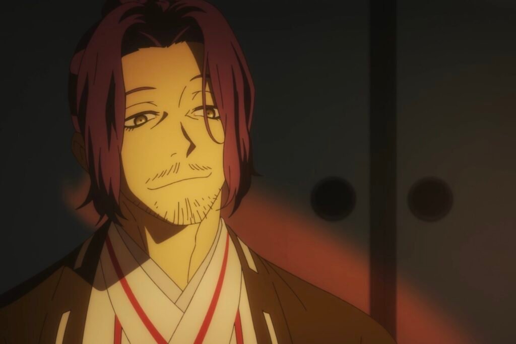 Jikka Yamada Asaemon has discussions with his superiors while sporting his trademark smug expression in Hell's Paradise