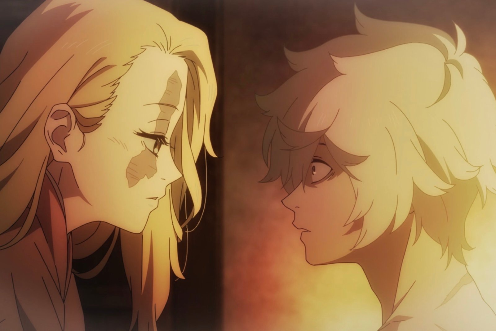 The unlikely pairing of Yui and her husband Gabimaru stare into each other's eyes in this scene from Hell's Paradise