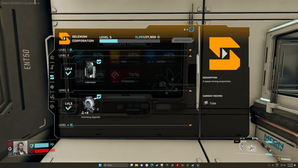 Furnace and Inventory upgrade shown as rewards for reaching level two and three respectively with Selenian Corporation.