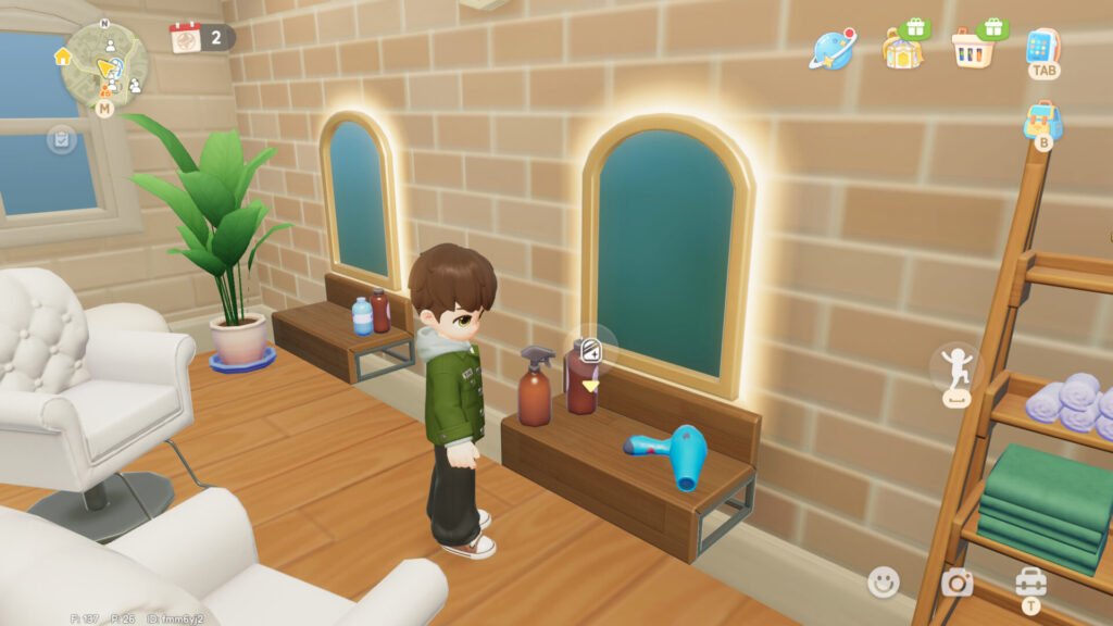 The player in Heartopia looking at the vanity above the clothing store, an icon indicates its interactable.