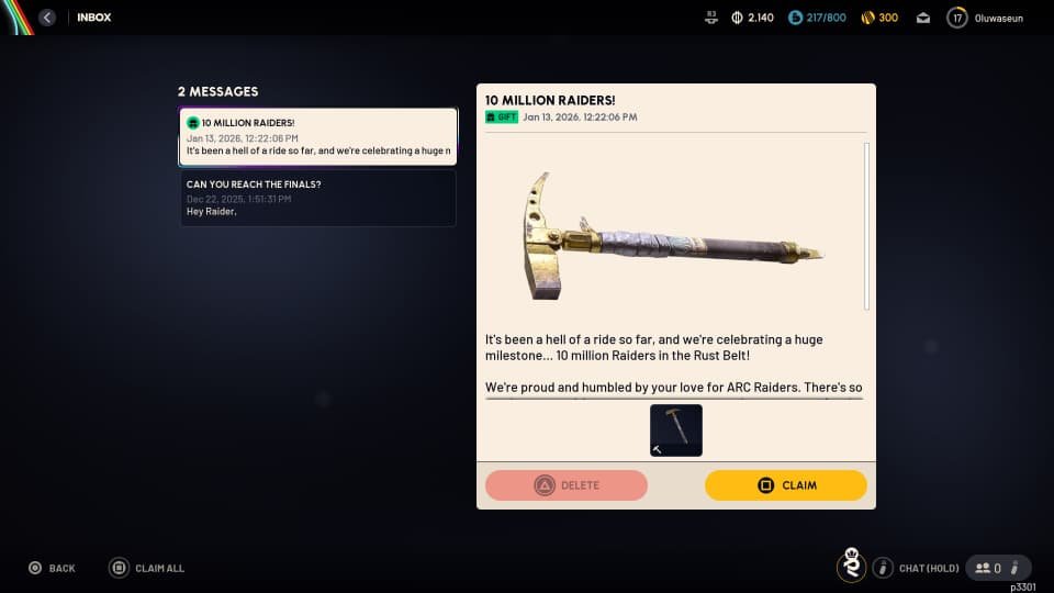 Inbox with the free pickaxe message in arc raiders