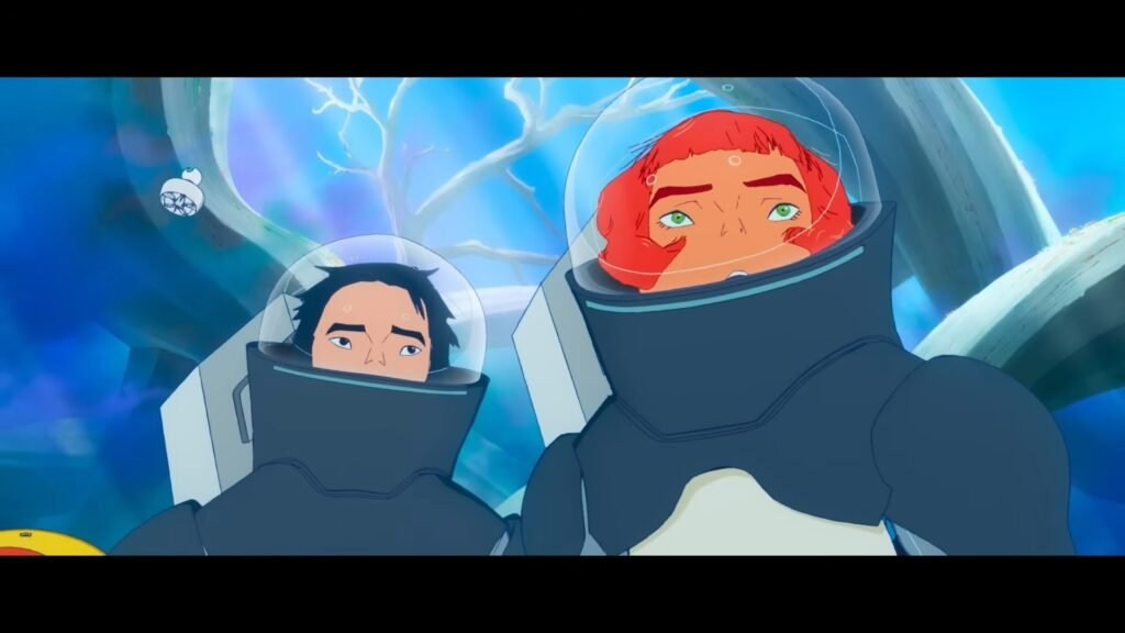 The two protagonists in the All You Need Is Kill trailer, each wearing space suits while looking shocked.