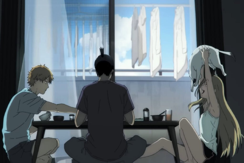 A still from Chainsaw Man showing Power, Denji, Aki, and Meowy sat around a table.