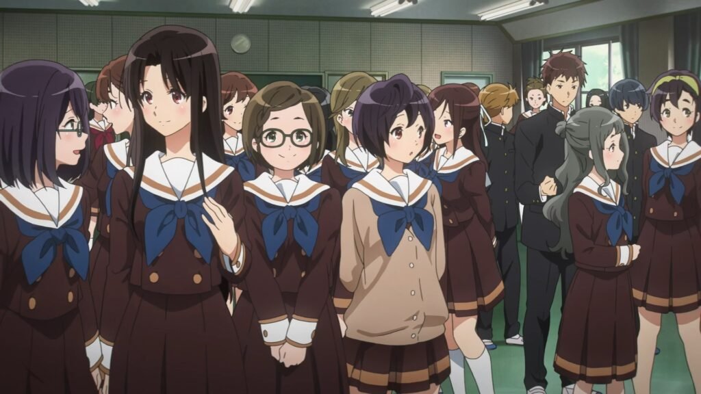 A large group of students in Hibike Sound Euphonium, all waiting in a crowded school hall.