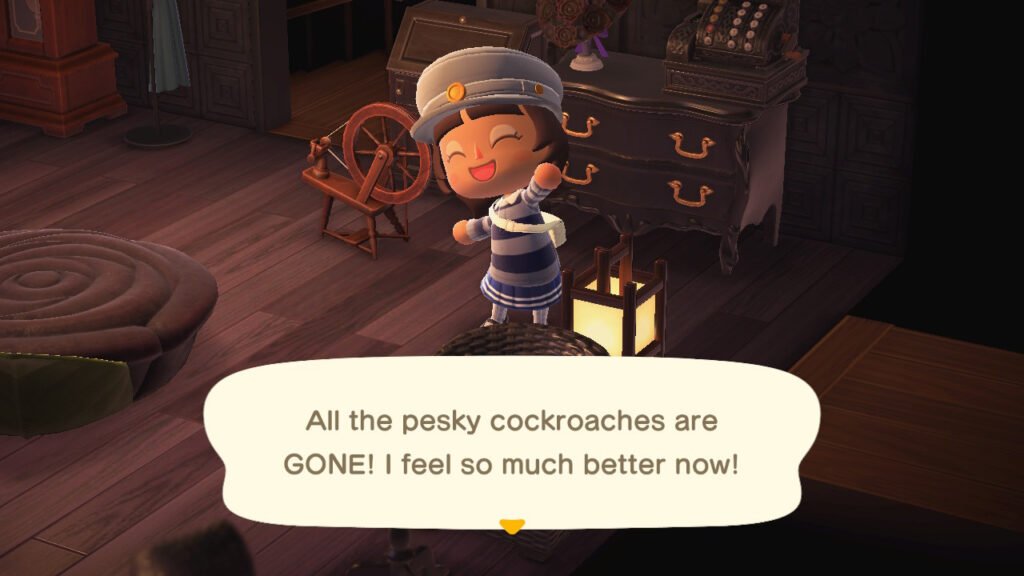 Animal Crossing: New Horizons character with animation of clearing all cockroaches inside home.