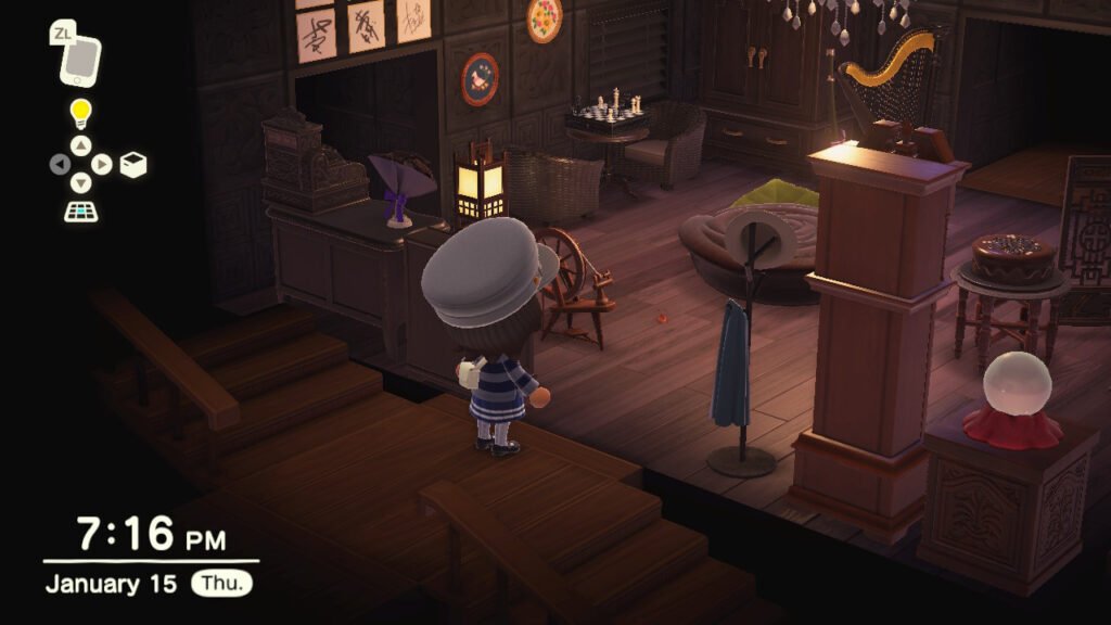 Animal Crossing: New Horizons character inside home finding a cockroach.