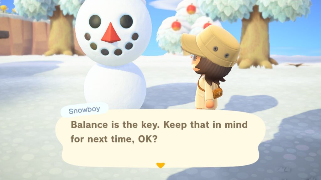The Snowboy giving tips to the player on balance for the sizing.