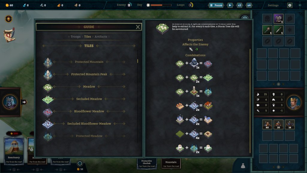 The in-game codex of Kingdom Loop shows tile combinations that result in merges.