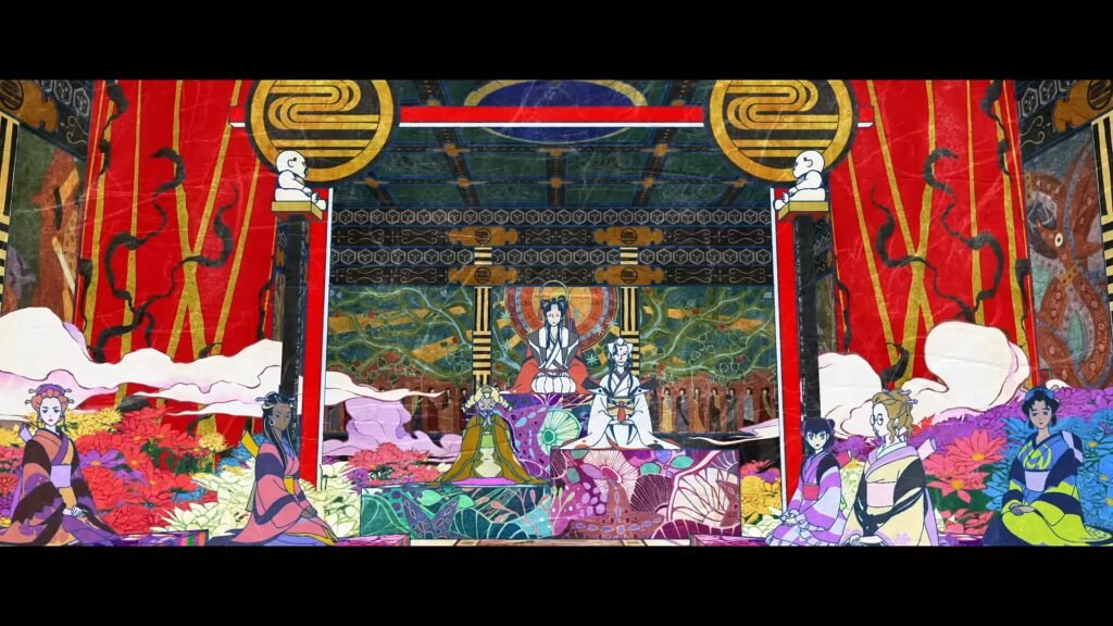 A multicoloured shot from Mononoke the Movie: The Third Chapter trailer, showing many women in traditional outfits.
