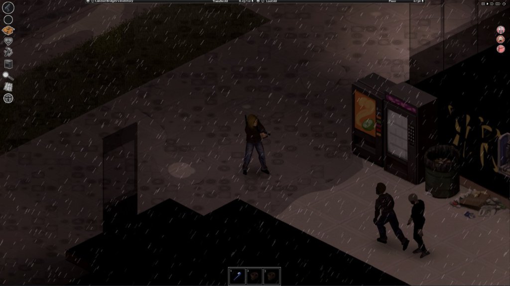 A player takes aim at two approaching zombies in the rain in Project Zomboid.