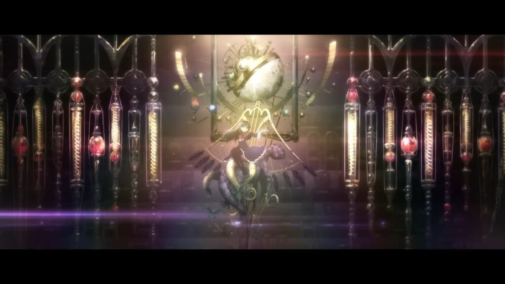 Homura Akemi on a large contraption in the trailer for Puella Magi Madoka Magica the Movie - Walpurgisnacht Rising, surrounded by lights and charms.