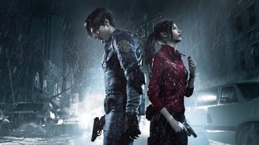 Leon Kennedy and Claire Redfield stand back-to-back in the rain in Resident Evil 2 Remake.