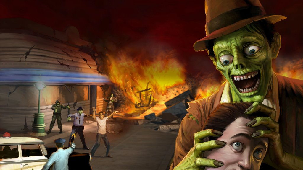 Stubbs prepares to take a bite out of a victim while other zombies shamble from a burning building in the background in the key art for Stubbs The Zombie: Rebel Without A Pulse