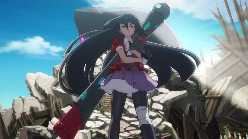 A still from Zombie Land Saga: Yumeginga Paradise showing an idol wearing a dress in front of rubble with a large weapon.