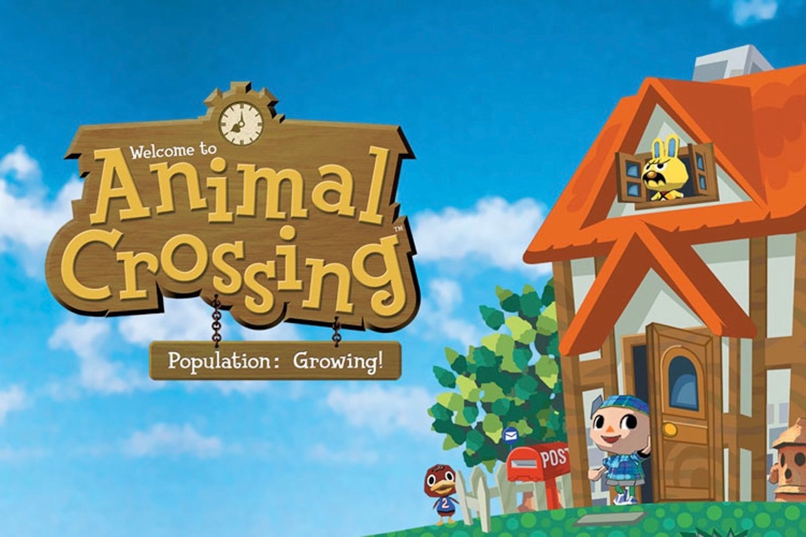 Key art from the GameCube entry of Animal Crossing (aka Animal Crossing: Population: Growing!), depicting the player character posing in front of their house