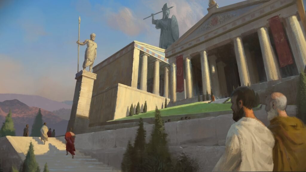 Philosophers gather outside the Parthenon in the Greece artwork for Civilization 7.