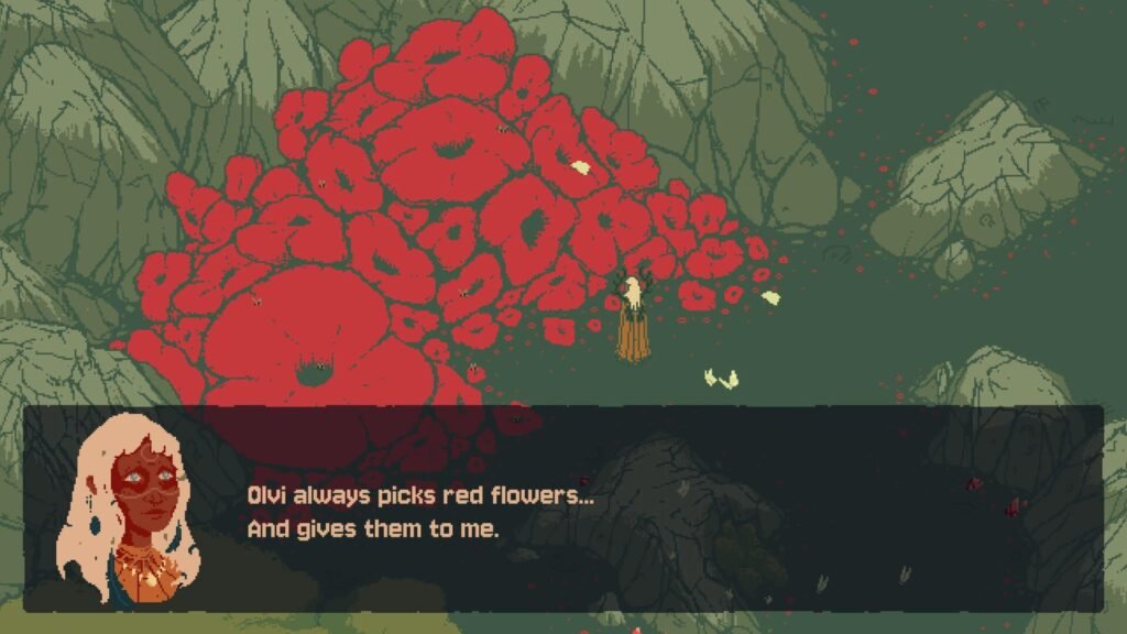 Ro reminisces upon seeing a large cluster of red flowers against a mountainside in Death Howl.