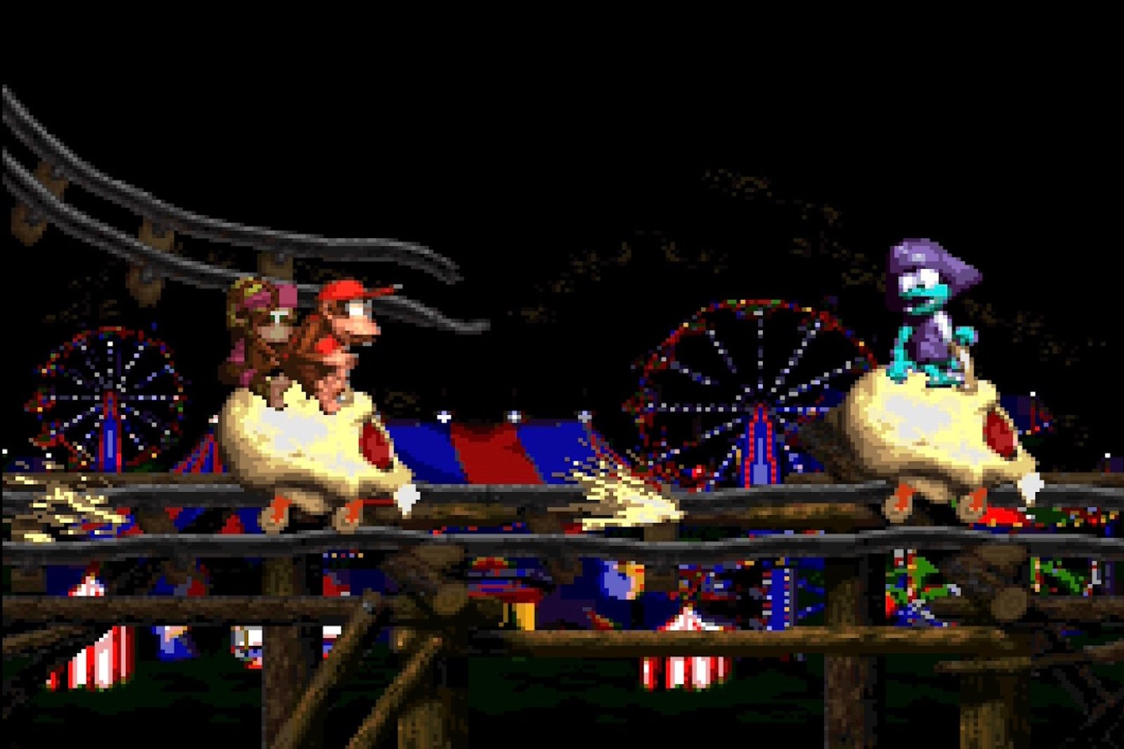 Gameplay from Donkey Kong Country 2: Diddy's Kong Quest, where Dixie Kong and Diddy Kong are riding a roller coaster, with a Kutlass enemy up ahead of them