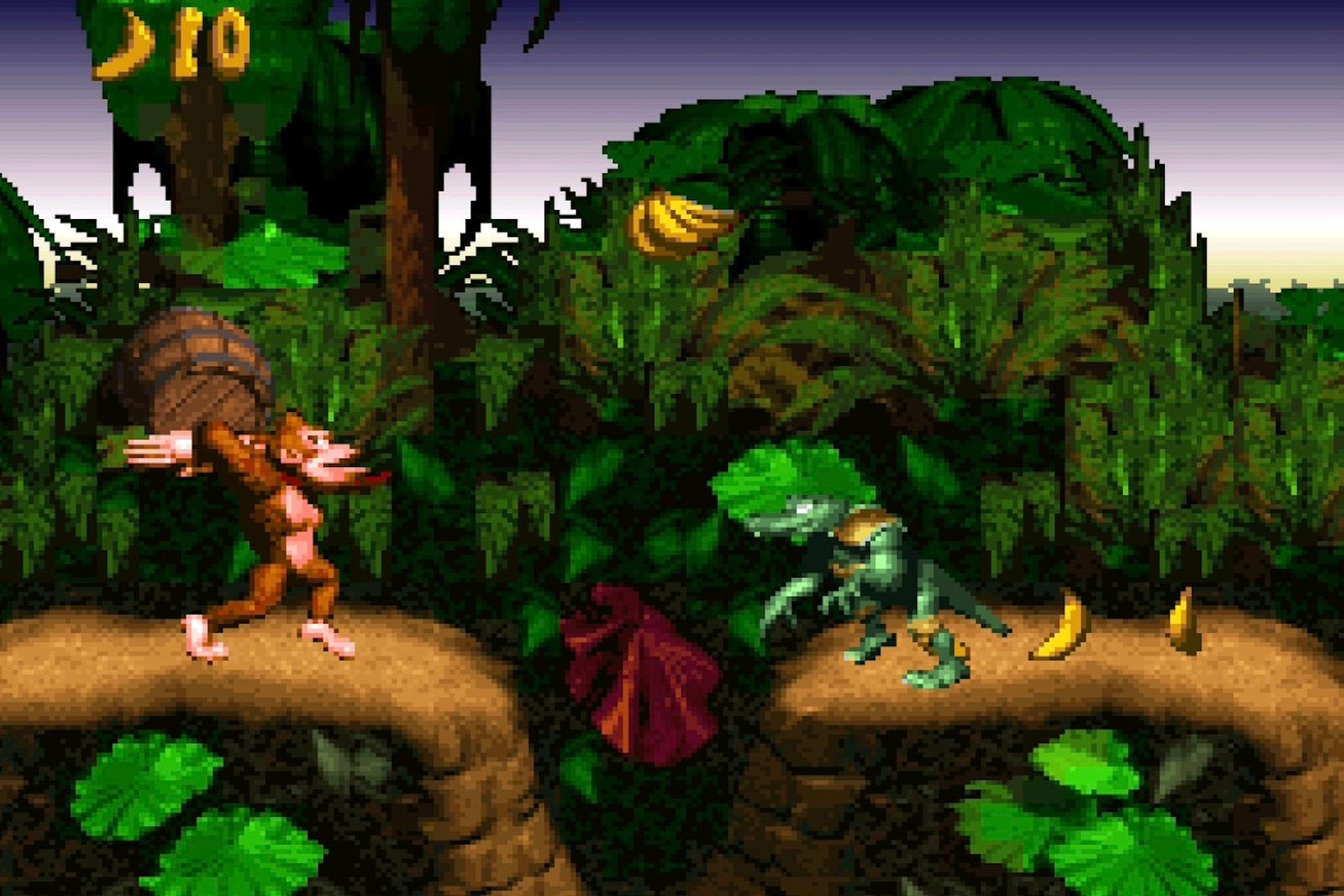 Gameplay from Donkey Kong Country, with the eponymous gorilla about to hurl a barrel at an unsuspecting Kremling