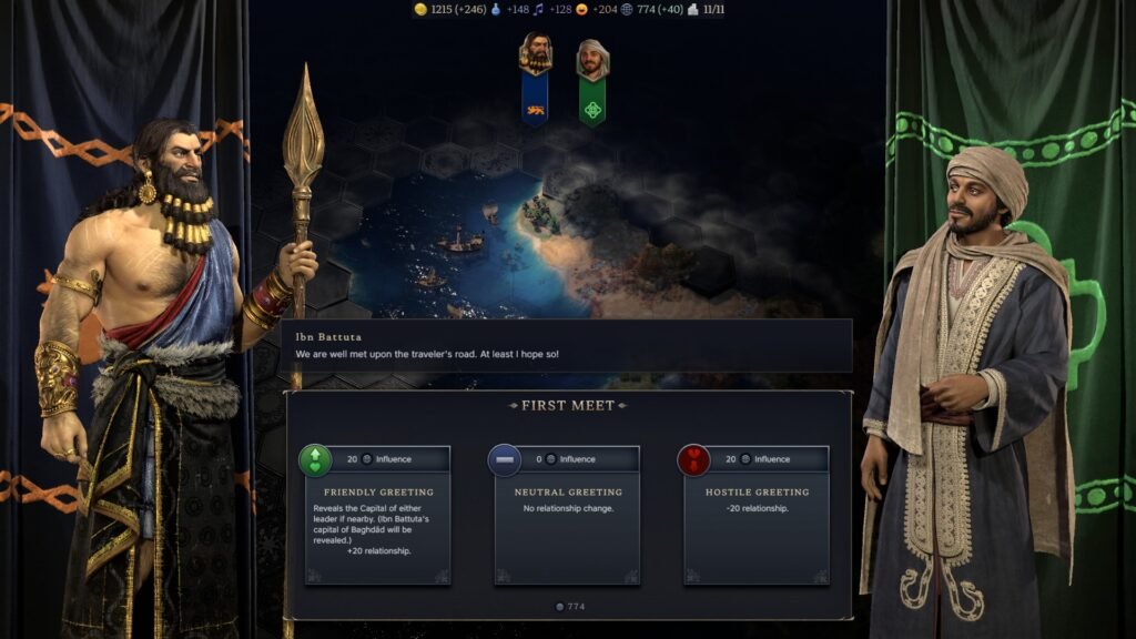 Gilgamesh and Ibn Battuta greet one another in Civilization 7.