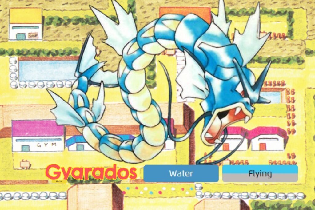 A picture showcasing Gyarados the Water Flying-type Pokemon, with a background of Kanto map original watercolor art