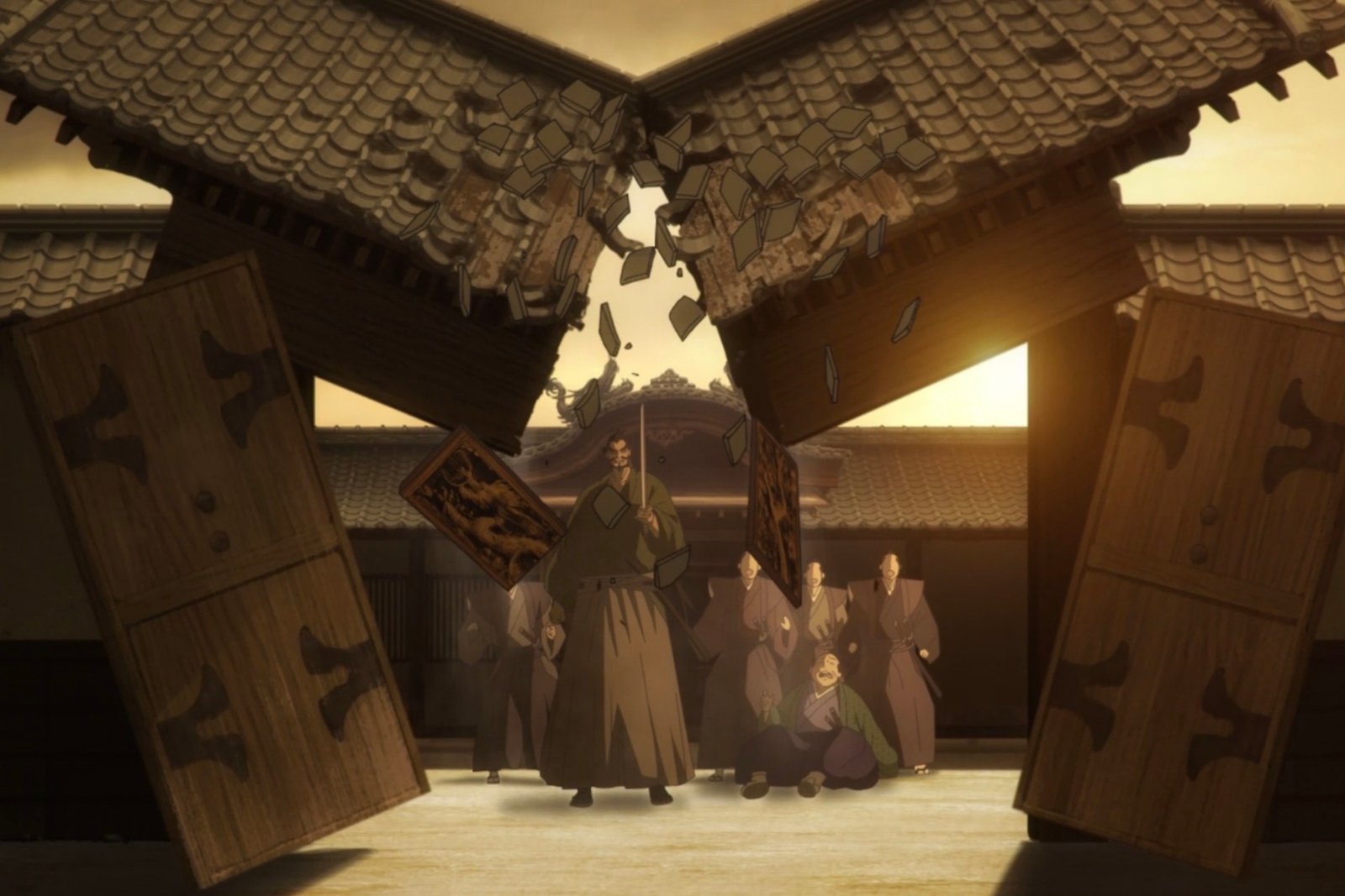 After his power was questioned by a drunken diamyo, Gantetsusai Tamiya showcases his abilities by cutting a gate clean in half in Hell's Paradise