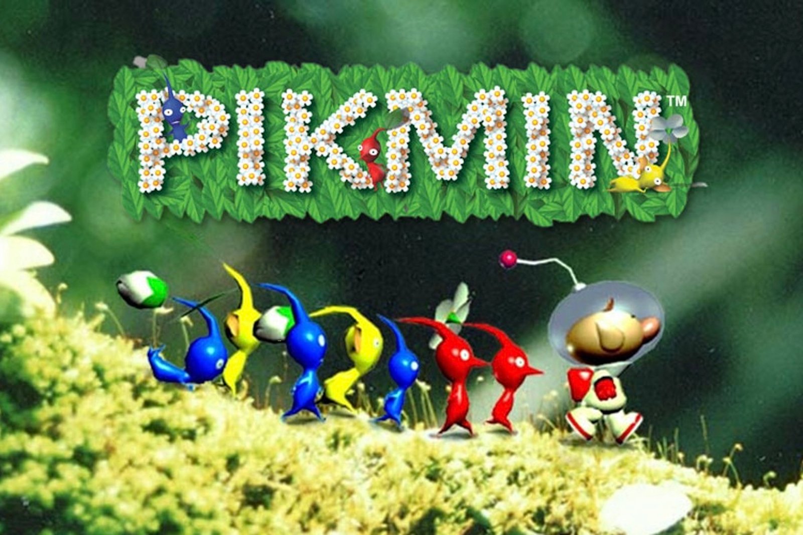 Key art from Pikmin, depicting Captain Olimar leading various colored Pikmin