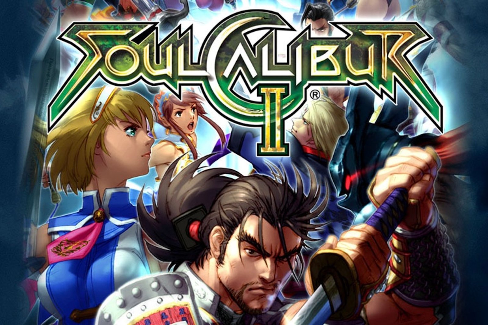 Key art from Soulcalibur II, depicting Mitsurugi, Cassandra, and various other warriors