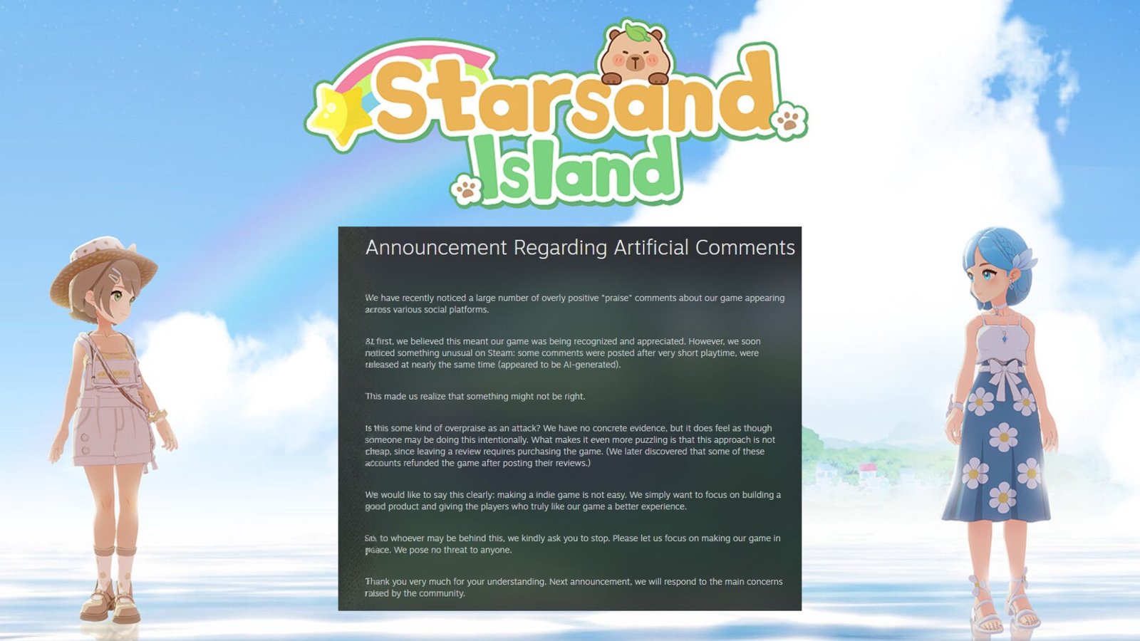 Starsand Island Announcement On Artificial Comments Controversy (UPDATE: PR Contact Established)