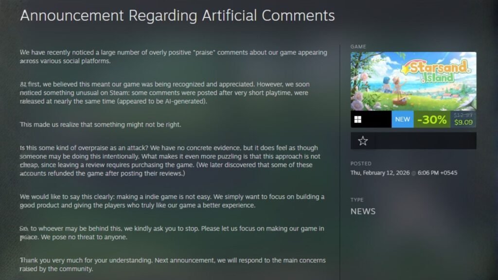 Starsand Island announcement of artificial reviews
