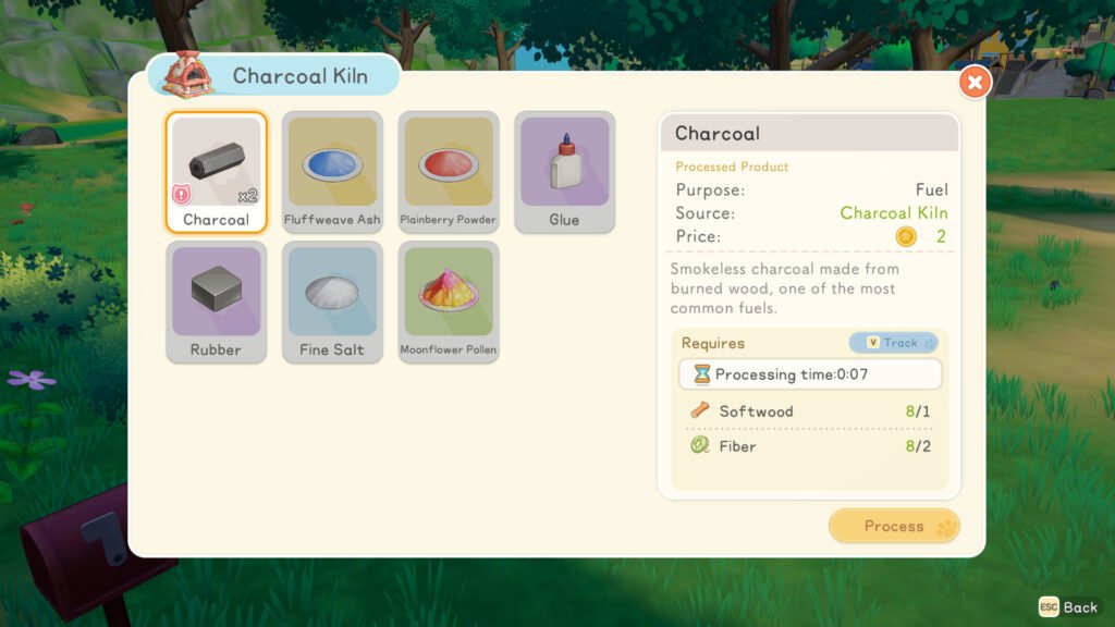 An overview of everything you can make with the charcoal kiln in Starsand Island, highlighting charcoal.