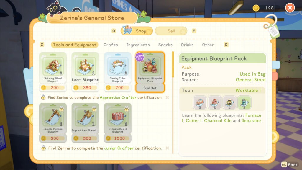 The Equipment Blueprint Pack in Starsand Island from Zerine's General Store showing the cutter, charcoal kiln, furnace, and separator.