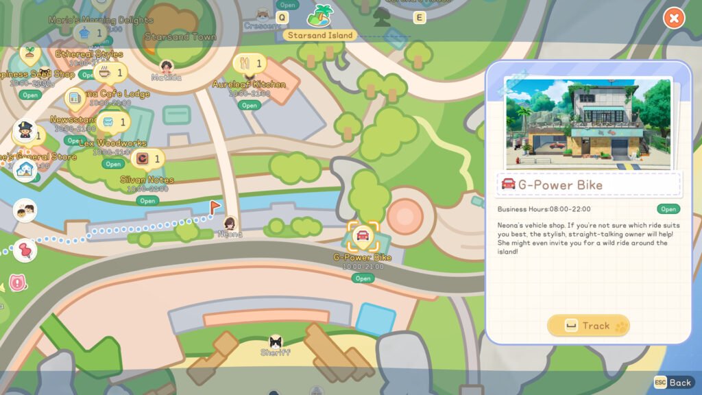 A map of Starsand Island showing where to find the G-Power Bike Shop.