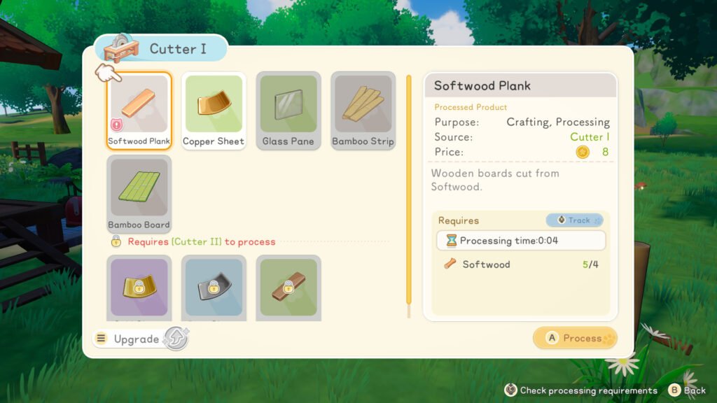 An overview of everything you can make with the cutter in Starsand Island, showing the Softwood Plank.