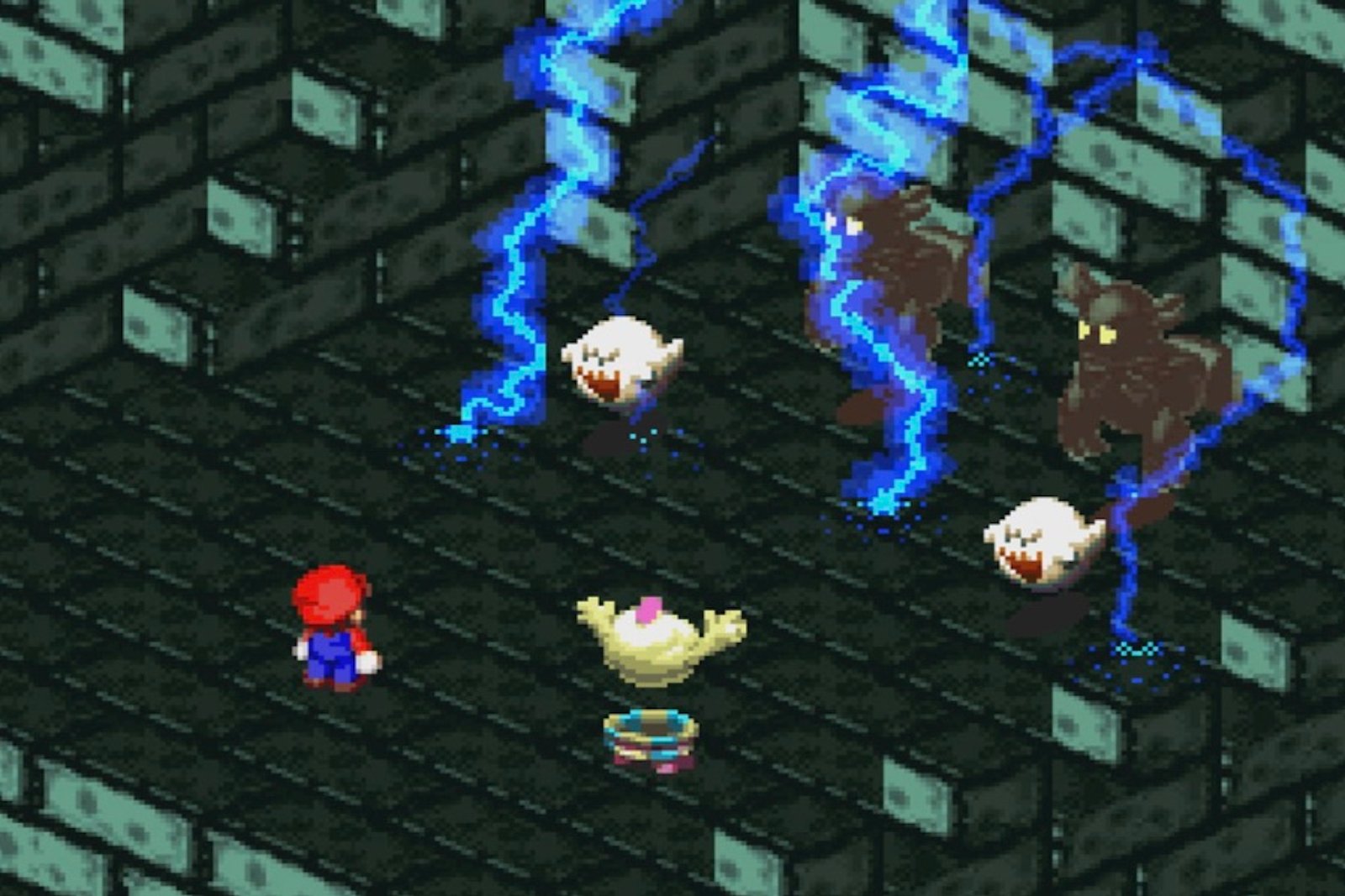 Gameplay from Super Mario RPG: Legend of the Seven Stars, where Mallow mows down a horde of enemies with his Thunderbolt technique